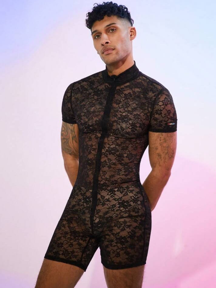 Crystal City Men's Solid Color Front Button Short Sleeve Lace See-Through Romper